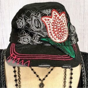 Vintage “Leader” black distressed cadet hat embroidered floral rhinestone tulip